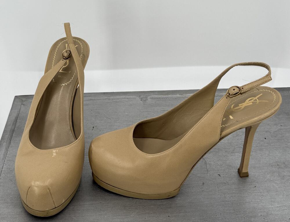 Yves Saint Laurent Tribtoo Beige Leather Slingback Platform Pumps EU 36.5 US 6.5